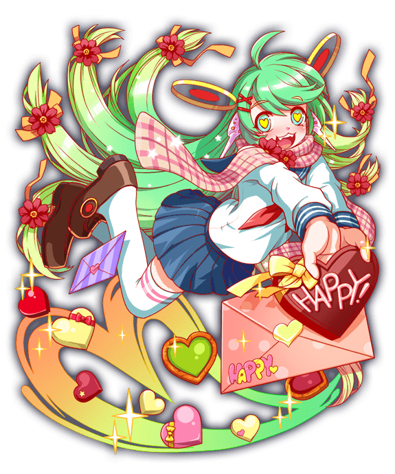 ahoge artist_request blue_sailor_collar blue_skirt blush bow box brown_shoes candy cel_shading character_name chocolate chocolate_heart colored_tips cookie crash_fever double_horizontal_stripe envelope fangs flower food full_body game_cg giving gradient_hair green_eyes green_hair hair_bow hair_flower hair_ornament hair_ribbon hairclip happy happy_(crash_fever) heart heart-shaped_box heart-shaped_cookie heart-shaped_food heart_in_eye heart_print holding holding_chocolate holding_food horizontal-striped_thighhighs legs_up loafers long_hair long_sleeves multicolored_hair neckerchief official_art orange_bow orange_ribbon outline pink_scarf pleated_skirt polka_dot red_bow red_flower red_neckerchief red_outline ribbon sailor_collar scarf school_uniform serafuku shoes simple_background skirt sleeve_cuffs solo sparkle star_(symbol) striped_clothes striped_collar striped_thighhighs symbol_in_eye tachi-e text_print thighhighs transparent_background valentine very_long_hair white_serafuku white_sleeves white_thighhighs x_hair_ornament