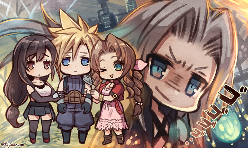 2boys 2girls aerith_gainsborough armor baggy_pants bangle belt black_bra black_footwear black_gloves black_hair black_jacket black_skirt black_thighhighs blonde_hair blue_eyes blue_pants blue_shirt boots bra bracelet braid braided_ponytail breasts brown_eyes brown_footwear brown_hair chest_strap chibi cloud_strife cropped_jacket dress elbow_gloves final_fantasy final_fantasy_vii final_fantasy_vii_remake fujimaru_(green_sparrow) full_body furrowed_brow gloves green_eyes grey_hair hair_between_eyes hair_ribbon holding_another&#039;s_arm jacket jewelry long_dress long_hair looking_at_viewer low-tied_long_hair medium_breasts multiple_boys multiple_girls one_eye_closed pants parted_bangs pink_dress pink_ribbon red_footwear red_jacket ribbon sephiroth shirt short_hair short_sleeves shoulder_armor sidelocks skirt smile spiked_hair sports_bra square_enix suspenders thighhighs tifa_lockhart twitter_username underwear upper_body wavy_hair white_shirt