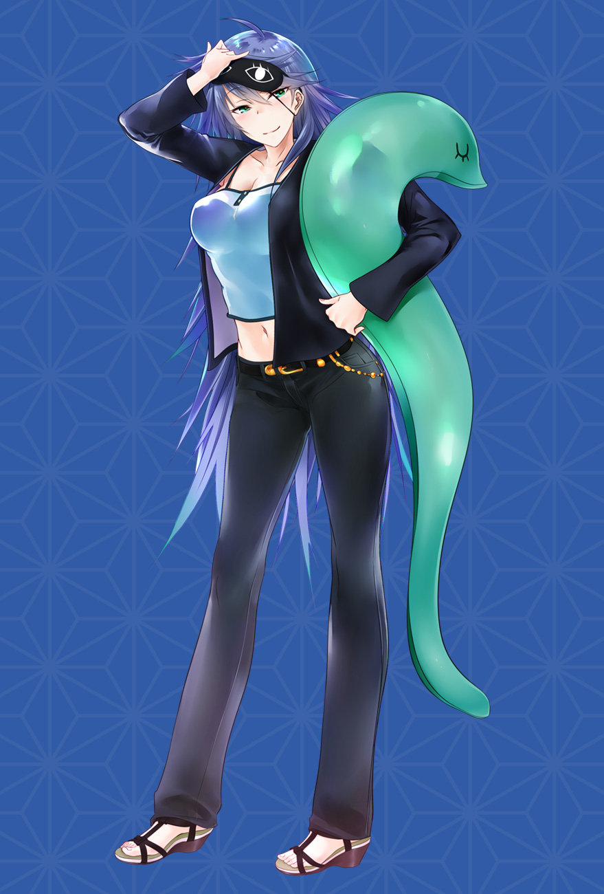 1girl black_jacket black_pants blue_background blue_hair breasts female_focus full_body green_eyes high_heels highres holding hug hugging_object itagaki_tatsuko jacket kawagishi_keitarou large_breasts light_blue_hair long_hair long_legs looking_at_viewer maji_de_watashi_ni_koi_shinasai! maji_de_watashi_ni_koi_shinasai!_s mask_pull official_art pants purple_hair sandals sleep_mask slippers smile solo stance stuffed_toy thick_thighs thighs wedge_heels