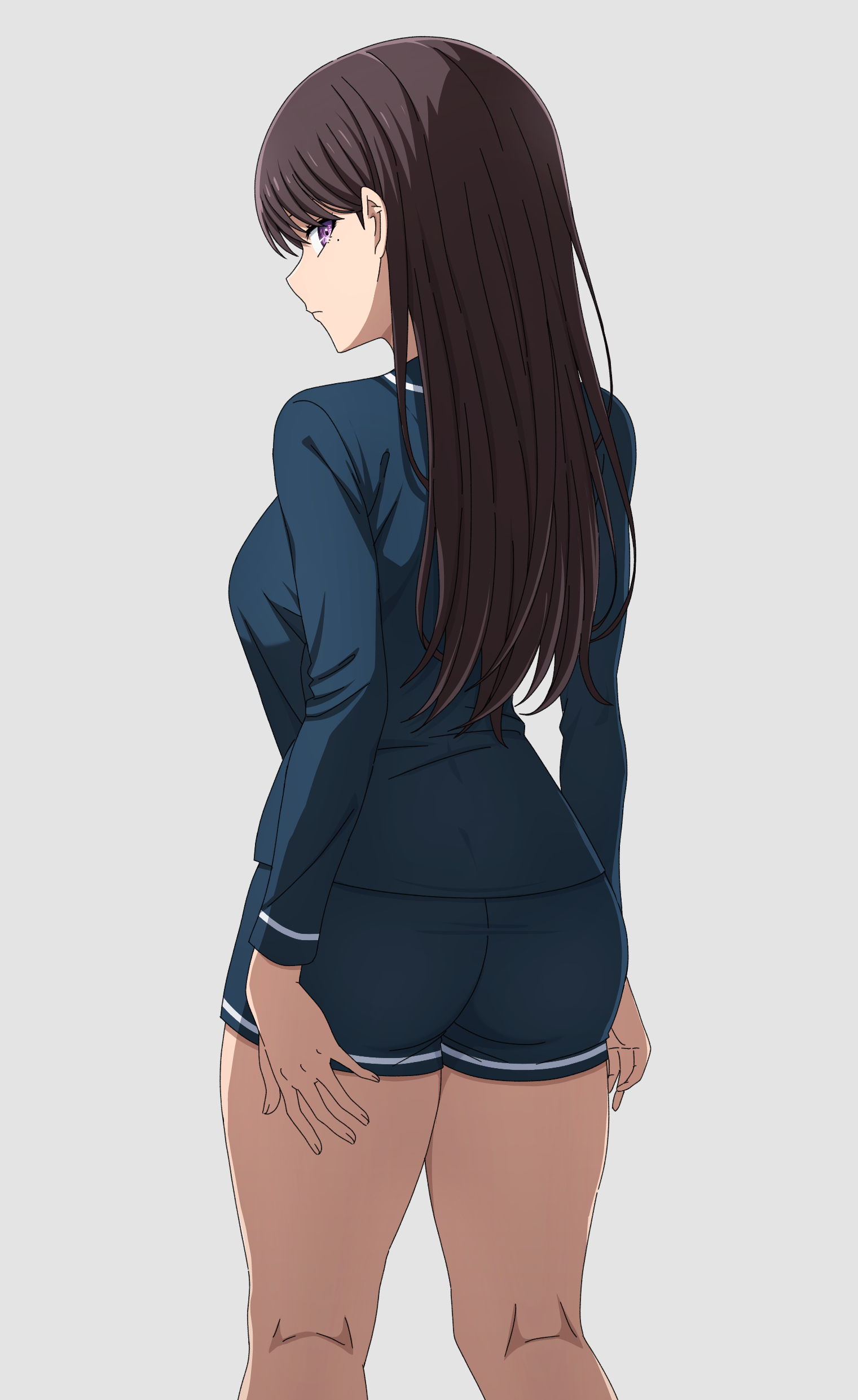 1girl absurdres ass bang_dream! bang_dream!_it&#039;s_mygo!!!!! black_hair blue_shirt blue_shorts closed_mouth commentary from_behind highres long_hair long_sleeves noshimurin paid_reward_available pajamas purple_eyes shiina_taki shirt shorts simple_background solo white_background