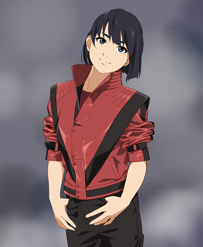 1girl black_hair black_pants cosplay female_focus grey_background jacket looking_at_viewer michael_jackson michael_jackson_(cosplay) pants red_jacket simple_background solo suzushiro_(suzushiro333) thriller_(michael_jackson) thumbs_in_pockets