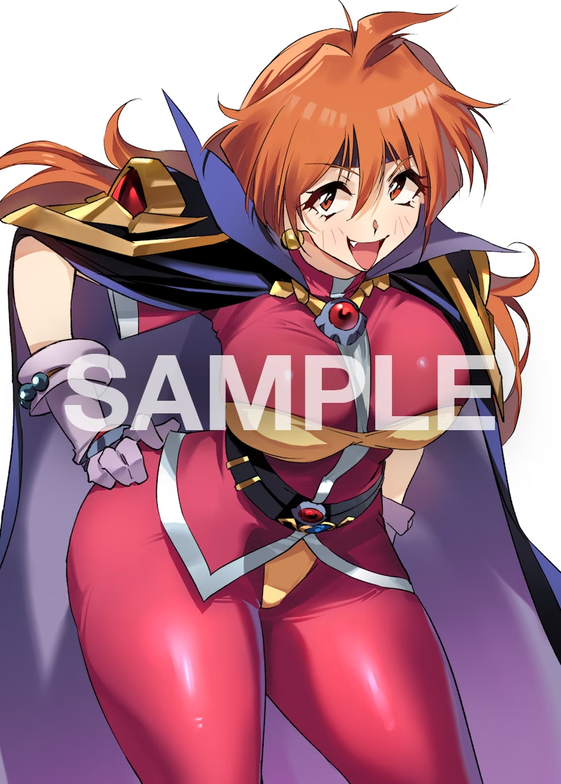 1girl alternate_body_size alternate_breast_size arm_behind_back breasts cape fang hand_on_own_hip large_breasts leaning_forward legs lina_inverse long_hair looking_at_viewer negresco open_mouth orange_eyes orange_hair pants sample_watermark slayers smile solo thick_thighs thighs tongue watermark