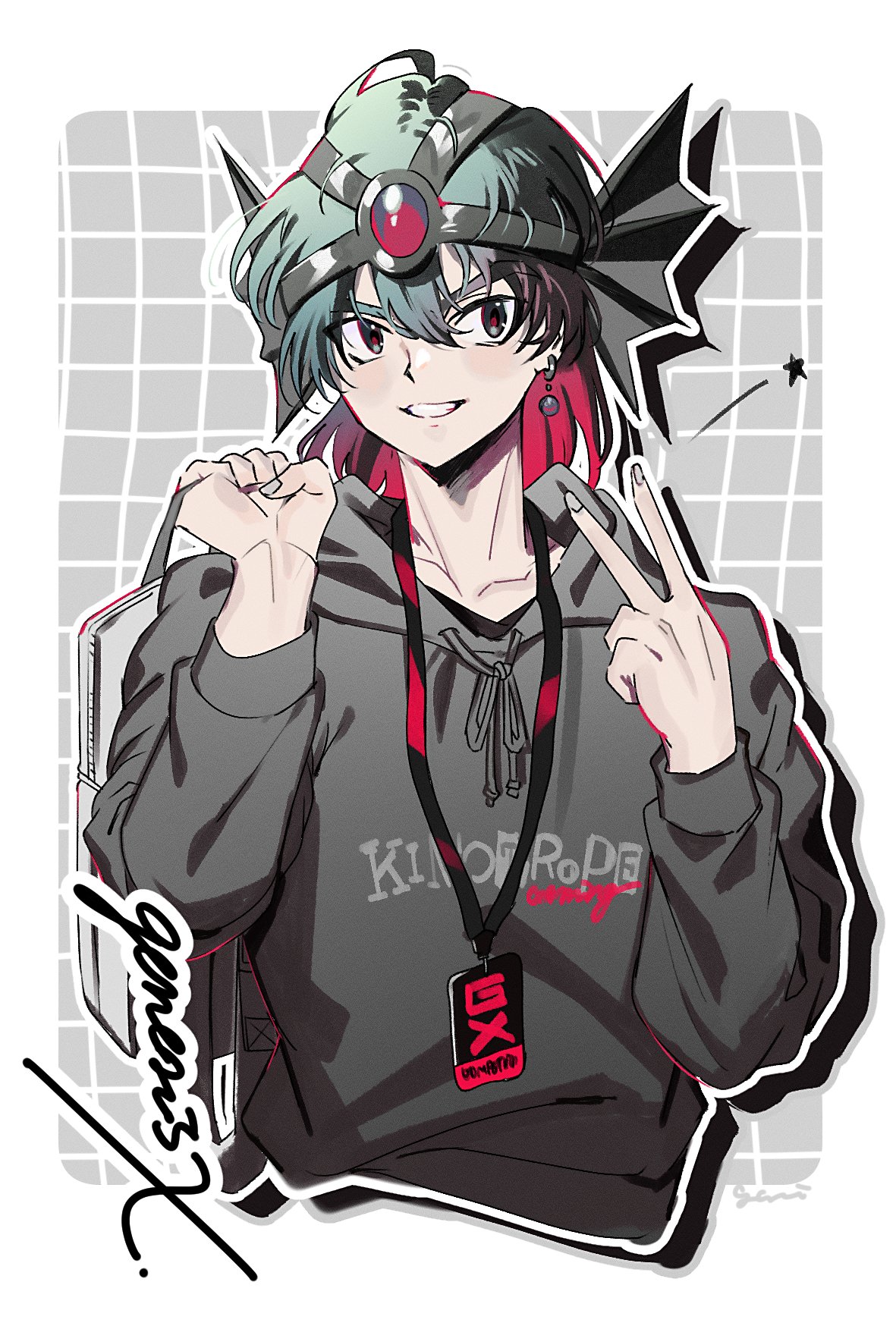 1boy bag border collarbone colored_inner_hair cropped_torso dragon_quest dragon_quest_iv earrings grey_theme grin hair_between_eyes hero_(dq4) highres holding holding_bag hood hood_down hoodie jewelry looking_at_viewer male_focus multicolored_hair name_tag outline signature smile solo white_border white_outline yasaikakiage