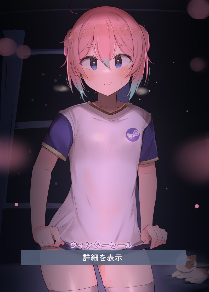 1girl animal aqua_hair blue_eyes blue_panties blush cat commentary_request double_bun hair_between_eyes hair_bun looking_at_viewer multicolored_hair no_pants panties pink_hair shin_(new) shirt short_sleeves solo steam_(platform) steam_delivery_girl sweat translation_request underwear undressing window