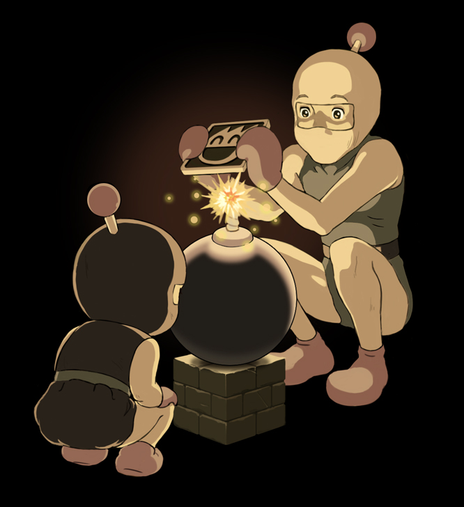 1boy 1girl black_bomberman black_bomberman_(cosplay) bomb bomberman brother_and_sister commentary_request cosplay explosive fire full_body hotaru_no_haka lit_fuse parody sakkan seita_(hotaru_no_haka) setsuko_(hotaru_no_haka) siblings squatting white_bomberman white_bomberman_(cosplay)