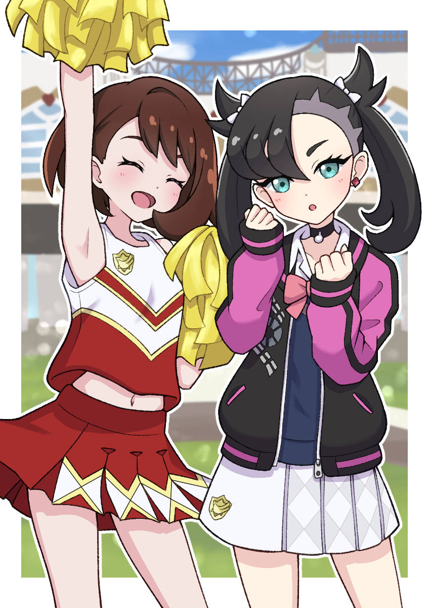 2girls :d :o ^_^ alternate_costume aqua_eyes arm_up asymmetrical_bangs black_choker black_hair black_jacket border bow bowtie brown_hair cheerleader choker clenched_hands closed_eyes creatures_(company) earrings game_freak gloria_(pokemon) hair_bow hands_up highres jacket jewelry looking_at_viewer marnie_(academy)_(pokemon) marnie_(pokemon) midriff miniskirt multicolored_jacket multiple_girls navel nintendo official_alternate_costume open_mouth pink_bow pink_bowtie pokemon pokemon_masters_ex pokemon_swsh pom_pom_(cheerleading) purple_jacket red_skirt single_earring skirt sleeves_past_wrists smile tank_top twintails two-tone_jacket undercut white_border white_skirt yuu_(jgvj7873)