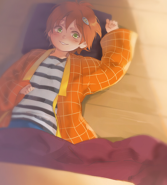 1girl :3 arm_up backlighting blurry blurry_foreground blush casual clenched_hands depth_of_field floor grin hair_between_eyes hair_ornament hairclip hand_on_own_stomach hand_up hanten_(clothes) hoshizora_rin indoors kotatsu long_sleeves looking_at_viewer looking_to_the_side love_live! love_live!_school_idol_project loveariddle lying nose on_back on_floor open_clothes orange_hair parted_lips pillow shade shirt short_hair smile solo striped_clothes striped_shirt sunlight table under_kotatsu under_table unkempt upper_body white_shirt wide_sleeves wooden_floor yellow_eyes