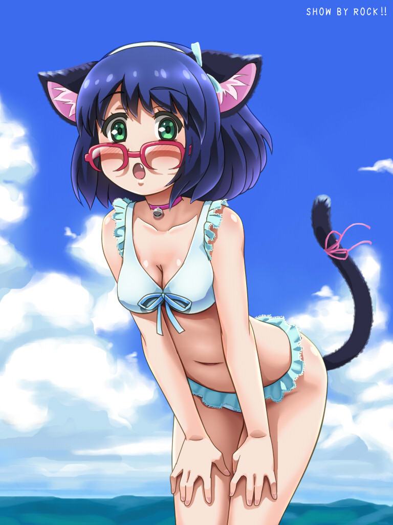 1girl animal_ears awa bikini blue_hair blush cat_ears cat_tail copyright_name cowboy_shot cyan_(show_by_rock!!) day fang female_focus frilled_bikini frills glasses green_eyes hands_on_own_thighs leaning_forward looking_at_viewer neck_bell open_mouth outdoors over-rim_eyewear pink-framed_eyewear semi-rimless_eyewear short_hair show_by_rock!! sky solo swimsuit tail