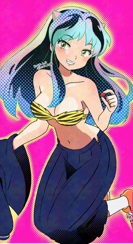 01angelegg 1girl animal_print bikini blue_skirt breasts cleavage collarbone cone_horns fangs food fruit fur_bikini green_hair holding holding_unworn_clothes horns long_hair long_skirt looking_at_viewer looking_up lum medium_breasts midriff navel pleated_skirt print_bikini school_uniform serafuku skirt small_horns smile solo strapless strapless_bikini swimsuit tiger_print umeboshi urusei_yatsura yellow_bikini yellow_horns
