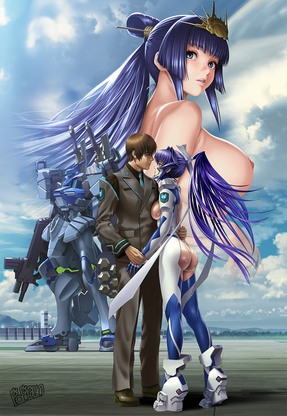 1boy 1girl artist_name ass assault_visor black_shirt breasts cloud collared_shirt grey_jacket grey_pants hetero highres hug jacket large_breasts looking_to_the_side mecha mecha_pilot_suit mitsurugi_meiya muv-luv muv-luv_alternative nipples nude pants parted_lips ponytail popgun_(22882502) projected_inset robot shirogane_takeru shirt skin_tight sky spoilers standing tactical_surface_fighter type_97_fubuki