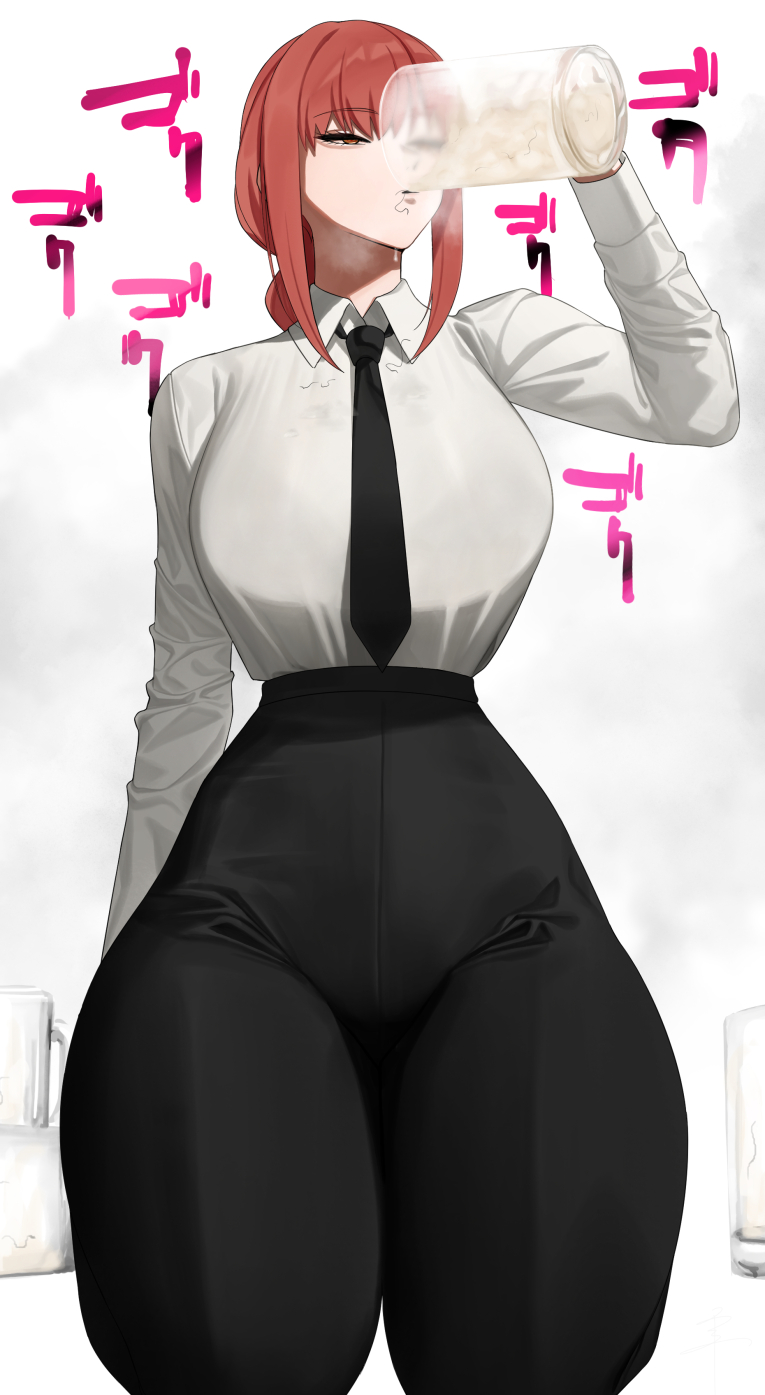 beer_mug black_necktie black_pants braid braided_ponytail business_suit chainsaw_man collared_shirt cum cum_in_container cum_in_cup cum_in_mouth cum_on_clothes cup formal_clothes gokkun gulping high-waist_pants highres long_hair makima_(chainsaw_man) mug narrow_waist necktie pants red_eyes red_hair senju_(snz0) shirt shirt_tucked_in sidelocks stray_pubic_hair suit swept_bangs thighs