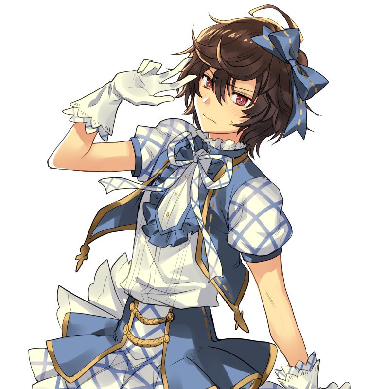 1boy ahoge alternate_costume blue_dress blue_ribbon borrowed_clothes brown_hair collar commentary_request cowboy_shot crossdressing dress frilled_collar frilled_dress frills gloves granblue_fantasy hair_between_eyes idol_clothes kimi_to_boku_no_mirai looking_at_viewer male_focus messy_hair poppoiti puffy_short_sleeves puffy_sleeves red_eyes ribbon sandalphon_(granblue_fantasy) short_hair short_sleeves simple_background sweatdrop v white_background white_gloves