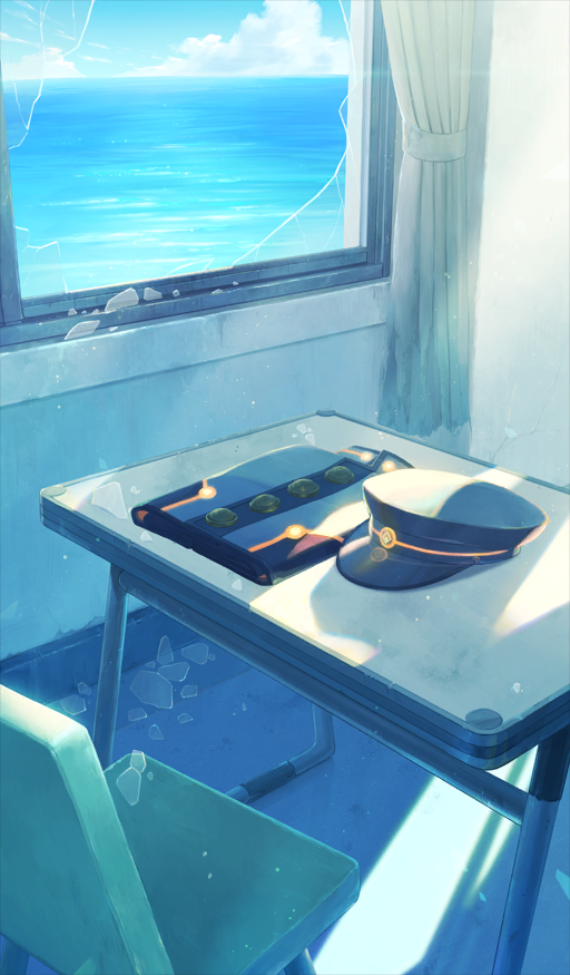 black_hat black_jacket blue_sky blue_theme broken_window buttons chair cloud commentary_request curtains desk fate/grand_order fate_(series) hat horizon indoors jacket light_particles light_rays no_humans official_art peaked_cap sakumamitsuro sky still_life table third-party_source unworn_hat unworn_headwear unworn_jacket water window