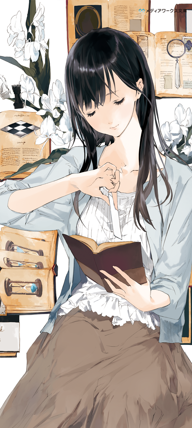 1girl biblia_koshodou_no_jikentechou black_hair book bookmark chess_piece closed_eyes female_focus flower highres koshijima_hagu long_hair magnifying_glass official_art shinokawa_shioriko sleeves_pushed_up smile solo sweater