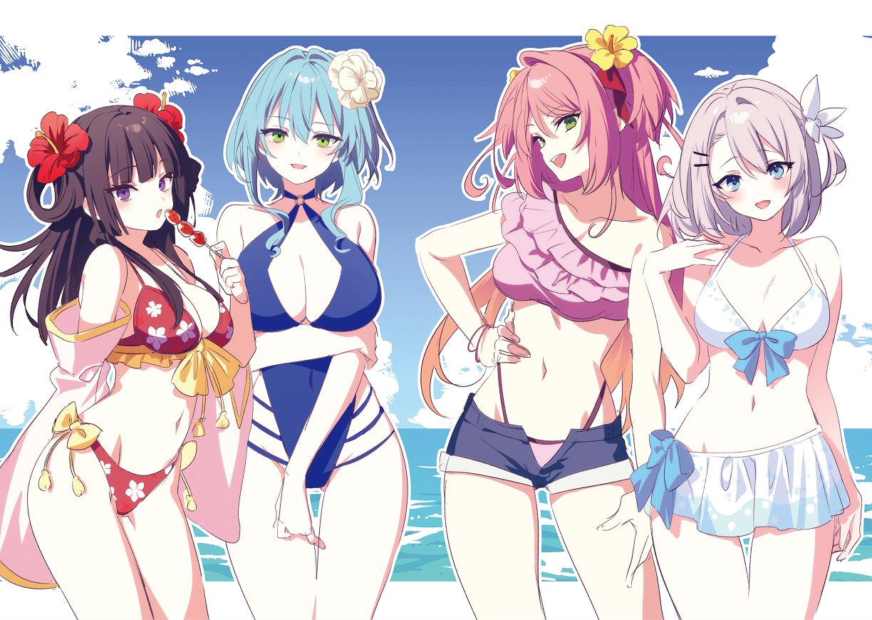4girls :d amatsu_karla aqua_eyes bikini blue_hair blue_sky bob_cut breasts cleavage covered_navel cowboy_shot cowlick detached_sleeves flower food frilled_bikini frills green_eyes grey_hair hair_flower hair_intakes hair_ornament hair_rings hand_on_own_hip hand_on_own_shoulder hikikomari_kyuuketsuki_no_monmon holding holding_food holding_own_arm long_hair multiple_girls nelia_cunningham ocean official_art one-piece_swimsuit open_mouth pink_hair purple_eyes purple_hair riichu sakuna_memoire short_shorts shorts simple_background sky smile standing swimsuit villhaze