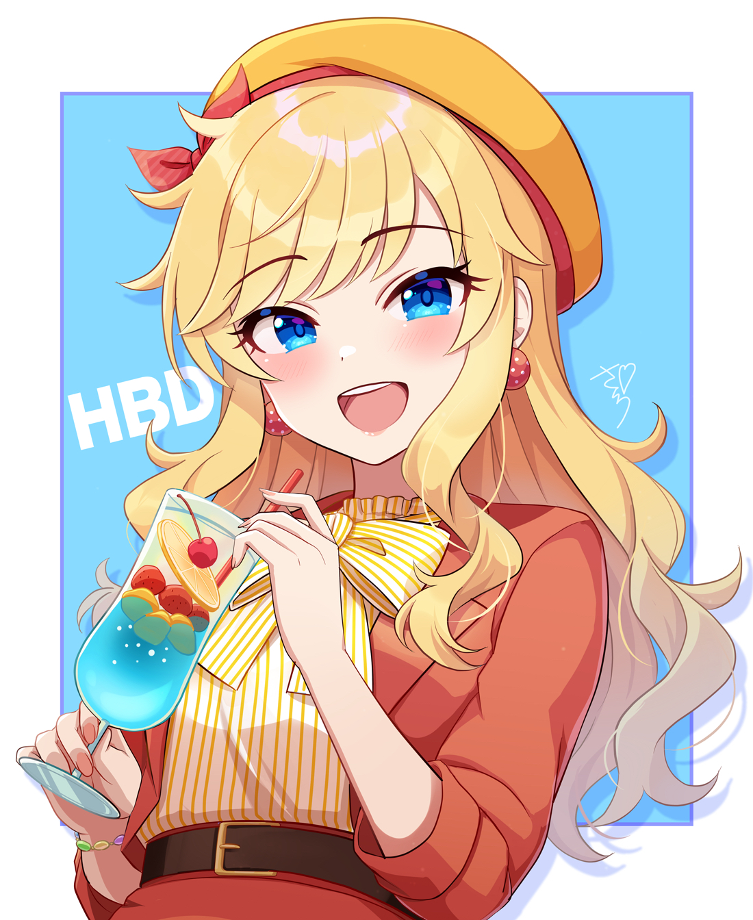1girl blonde_hair blue_eyes blush bow bowtie cocktail cup drinking_glass drinking_straw earrings hat highres holding holding_drinking_straw idolmaster idolmaster_cinderella_girls jewelry long_hair looking_at_viewer ohtsuki_yui open_mouth orange_hat orange_suit sakura_ran shirt smile solo striped_clothes striped_shirt wavy_hair yellow_bow yellow_bowtie yellow_shirt
