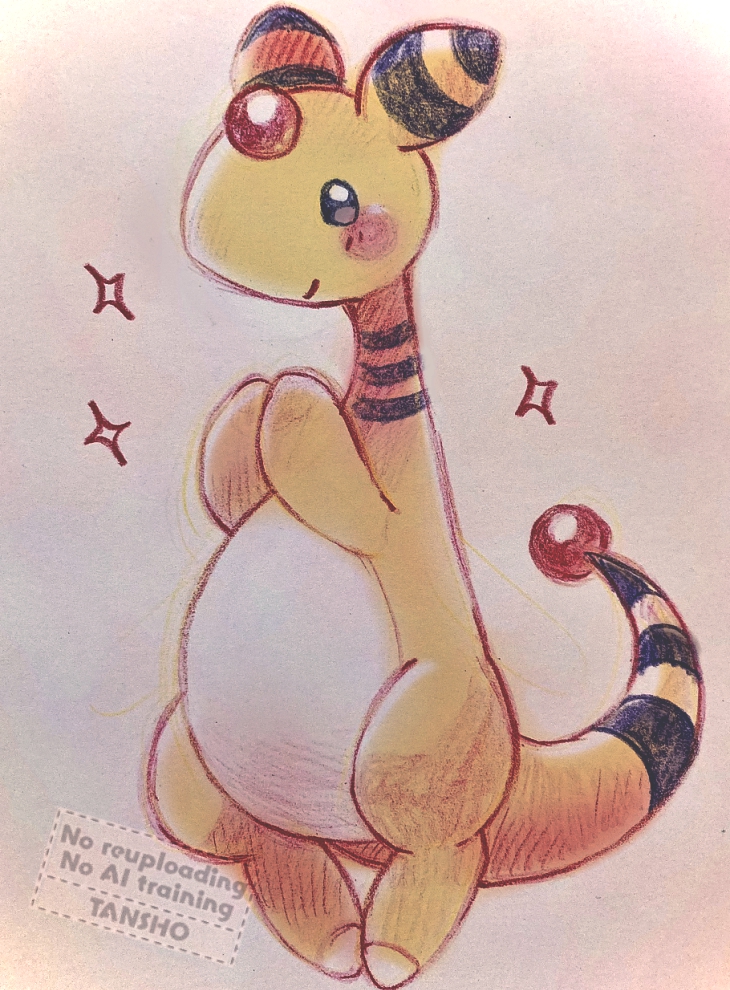 ampharos artist_name blush blush_stickers closed_mouth commentary_request full_body gen_2_pokemon nintendo no_humans pokemon pokemon_(creature) pokemon_focus smile solo sparkle tansho