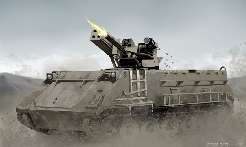 anti-aircraft anti-aircraft_gun armored_personnel_carrier armored_vehicle caterpillar_tracks dead-robot dust firing gatling_gun m163_machbet military military_vehicle missile_pod motor_vehicle muzzle_flash no_humans original shell_casing tank tank_turret vehicle_focus