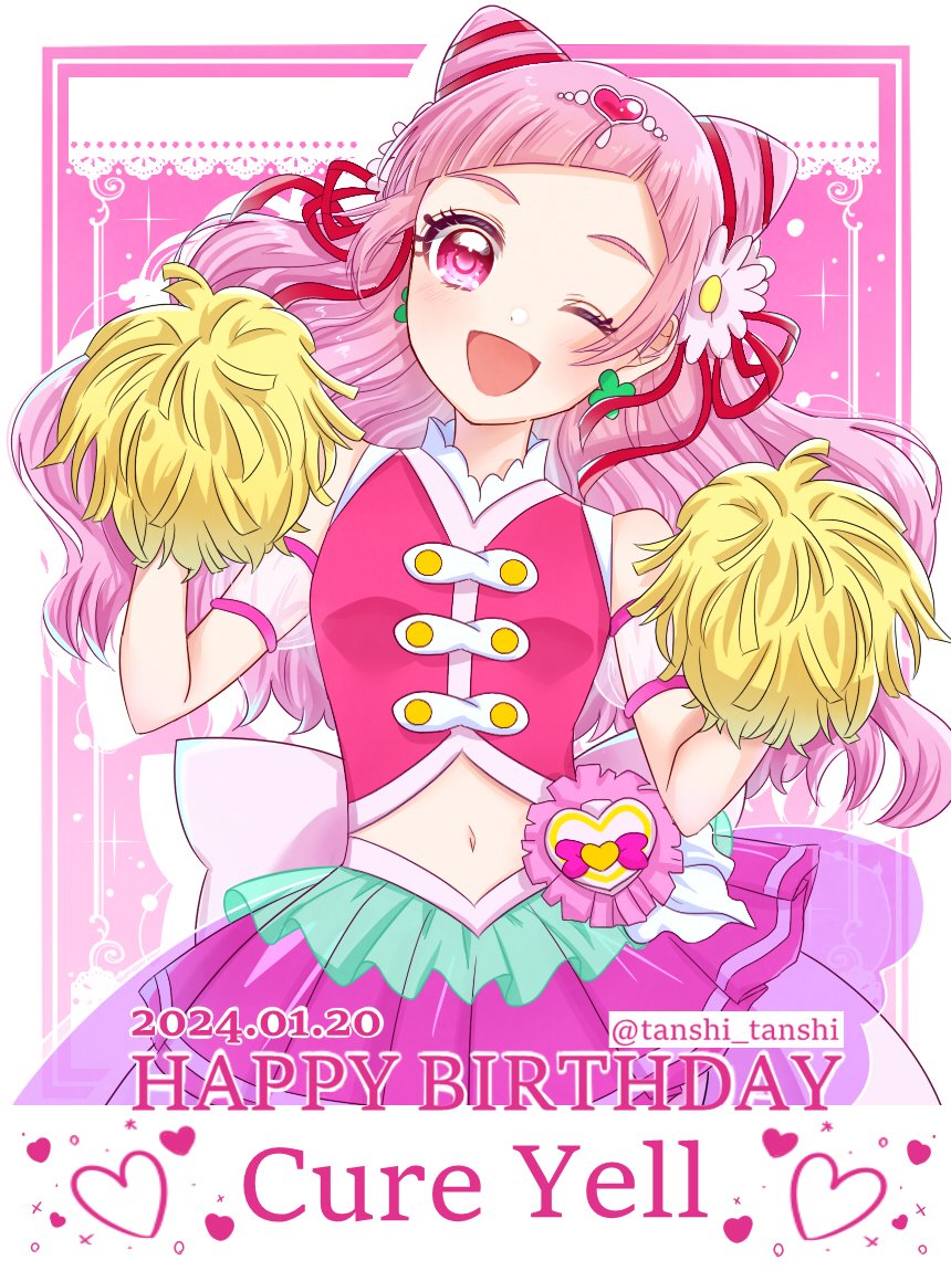 1girl back_bow bow clover_earrings cone_hair_bun cure_yell dated earrings flower four-leaf_clover_earrings hair_bun hair_flower hair_ornament hair_ribbon happy_birthday heart heart_hair_ornament heart_pouch hugtto!_precure jewelry layered_skirt long_hair looking_at_viewer magical_girl navel open_mouth pink_eyes pink_hair pink_shirt pink_skirt pom_pom_(cheerleading) precure ribbon shirt skirt smile solo tanshi_tanshi thick_eyelashes twitter_username upper_body waist_brooch