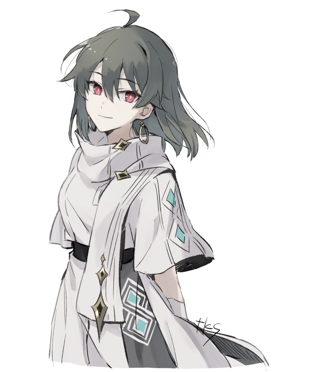 1girl ahoge arms_behind_back dress earrings hair_between_eyes honkai_(series) honkai_impact_3rd jewelry looking_at_viewer medium_hair red_eyes signature simple_background smile solo takase_(takase1214) upper_body vita_(honkai_impact) vita_(salt_snow)_(honkai_impact) white_background white_dress