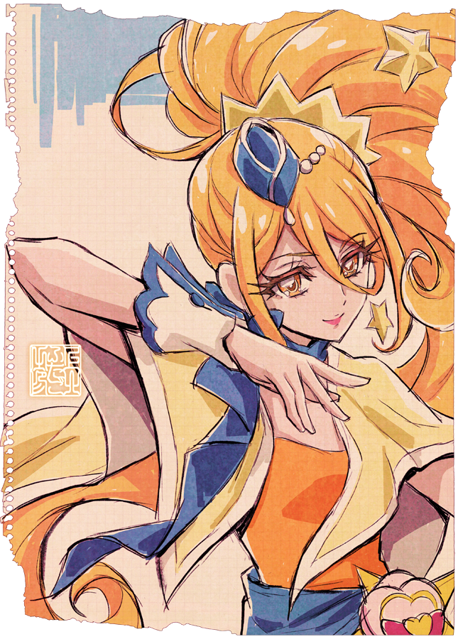 1girl artist_logo blue_hat blue_sash blue_scarf capelet cure_etoile earrings eyelashes flight_attendant garrison_cap graph_paper hair_ornament hat high_side_ponytail hugtto!_precure jewelry kagayaki_homare kamikita_futago lipstick logo looking_at_viewer magical_girl makeup mini_hat orange_eyes paper_background precure sash scarf side_ponytail solo stamp_mark star_(symbol) star_earrings star_hair_ornament torn_paper travel_attendant white_wrist_cuffs wrist_cuffs yellow_capelet