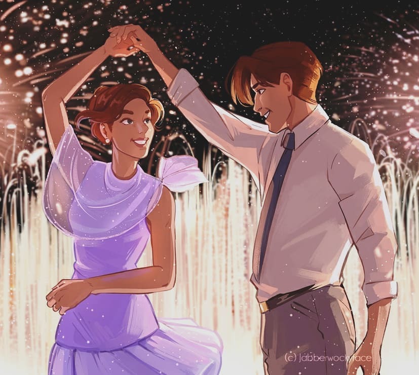 1boy 1girl anastasia_(1997) anya_(anastasia) artist_name black_necktie brown_hair commentary cowboy_shot dancing dimitri_(anastasia) dress english_commentary eye_contact fireworks hair_bun holding_hands jabberwockyface looking_at_another necktie purple_dress shirt short_hair smile white_shirt