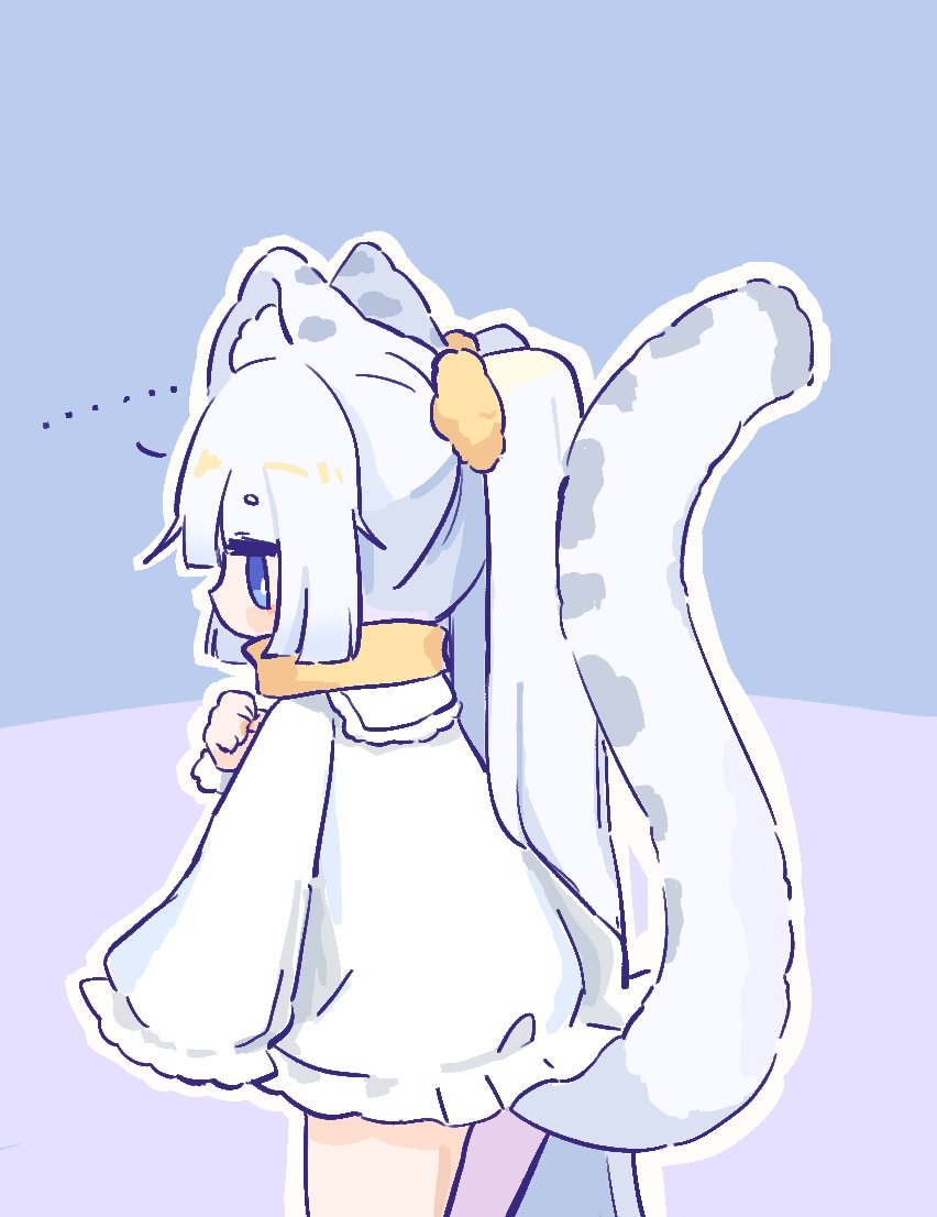 ... 1girl animal_ears blue_background blue_eyes cat_ears cat_girl cat_tail chinese_commentary commentary cowboy_shot deformed dress frilled_dress frills hair_ornament hair_scrunchie hand_up hyouenn long_hair long_sleeves original outline scrunchie short_dress solo standing tail tail_raised twintails very_long_hair white_dress white_hair white_outline yellow_collar