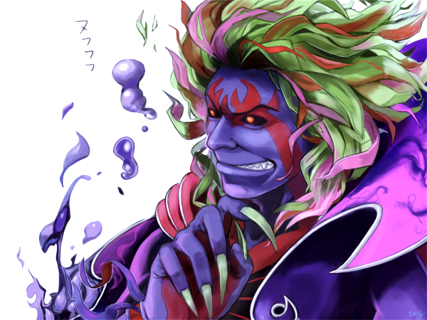 1boy black_sclera cape colored_sclera colored_skin fingernails green_hair hades_(kid_icarus) image_sample kid_icarus kid_icarus_uprising long_fingernails male_focus multicolored_hair nintendo orange_eyes pixiv_sample purple_hair purple_skin red_hair sharp_teeth smirk solo tattoo teeth
