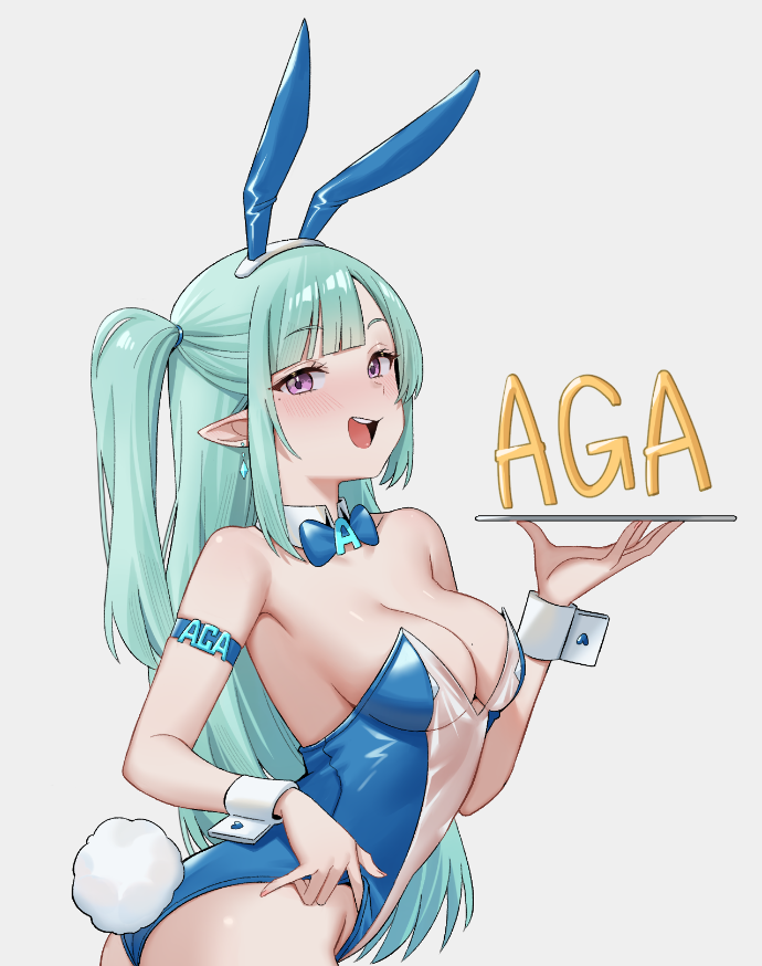 1girl animal_ears aqua_hair ass blue_leotard breasts bygin character_request cleavage copyright_request fake_animal_ears fake_tail holding holding_tray large_breasts leotard long_hair looking_at_viewer one_side_up pointy_ears purple_eyes rabbit_ears see-through_clothes see-through_leotard simple_background solo standing strapless strapless_leotard tail tray upper_body very_long_hair white_background white_wrist_cuffs wrist_cuffs