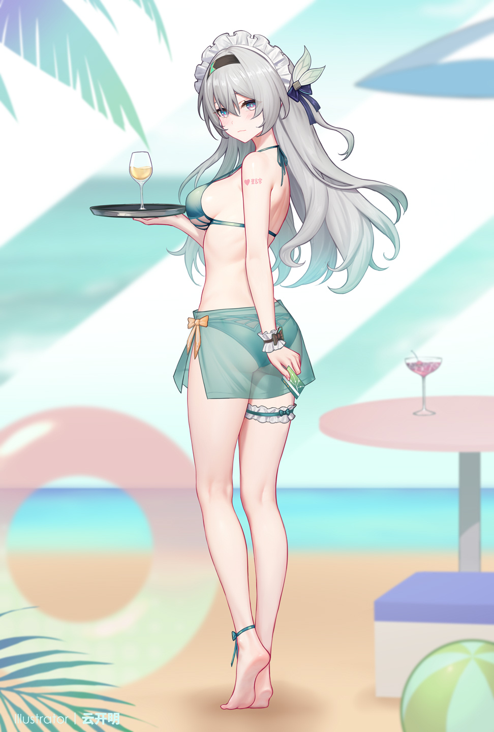 1girl alternate_costume aqua_bikini aqua_sarong ass barefoot beach bikini blush breasts card closed_mouth commentary_request cup drinking_glass feet firefly_(honkai:_star_rail) frilled_thigh_strap frilled_wristband full_body grey_hair hair_ornament highres holding holding_card holding_tray honkai:_star_rail honkai_(series) kneepits long_hair looking_at_viewer maid_headdress medium_breasts purple_eyes sarong see-through_clothes see-through_sarong soles solo standing swimsuit thigh_strap thighs tray white_headdress yunkaiming