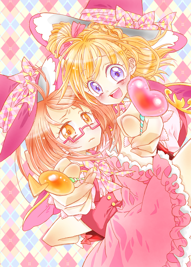 2girls 63snrk asahina_mirai blonde_hair blush bow brown_hair candy dress food frilled_dress frills glasses hat holding holding_candy holding_food looking_at_viewer magic_school_uniform_(mahou_girls_precure!) mahou_girls_precure! multiple_girls open_mouth orange_eyes pink_dress precure purple_eyes red-framed_eyewear school_uniform shirabe_ako short_hair smile suite_precure teeth upper_teeth_only witch_hat