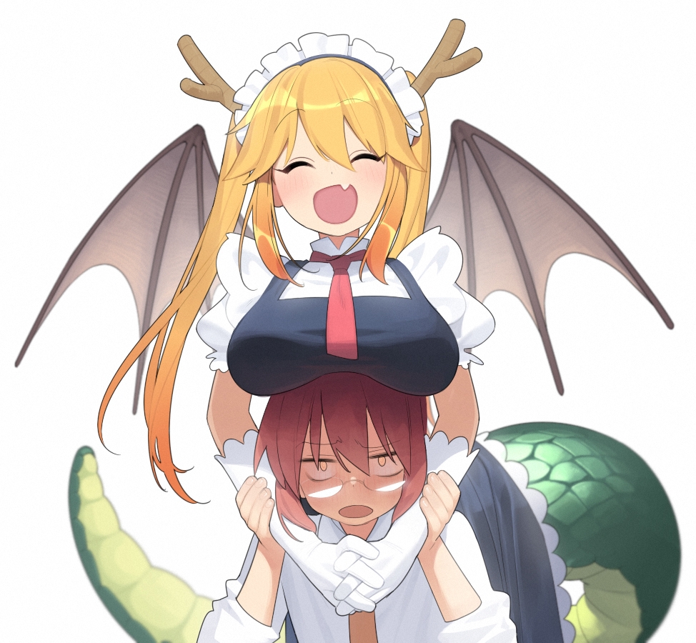 2girls abbystea black_dress blonde_hair breast_rest breasts breasts_on_head closed_eyes commentary_request dragon_girl dragon_horns dragon_tail dragon_wings dress elbow_gloves fang flat_chest glasses gloves gradient_hair horns kobayashi-san_chi_no_maidragon kobayashi_(maidragon) large_breasts maid maid_headdress multicolored_hair multiple_girls orange_hair own_hands_together puffy_short_sleeves puffy_sleeves red_hair russian_commentary shirt short_sleeves skin_fang sleeves_rolled_up tail tail_under_clothes tohru_(maidragon) twintails white_gloves white_shirt wings