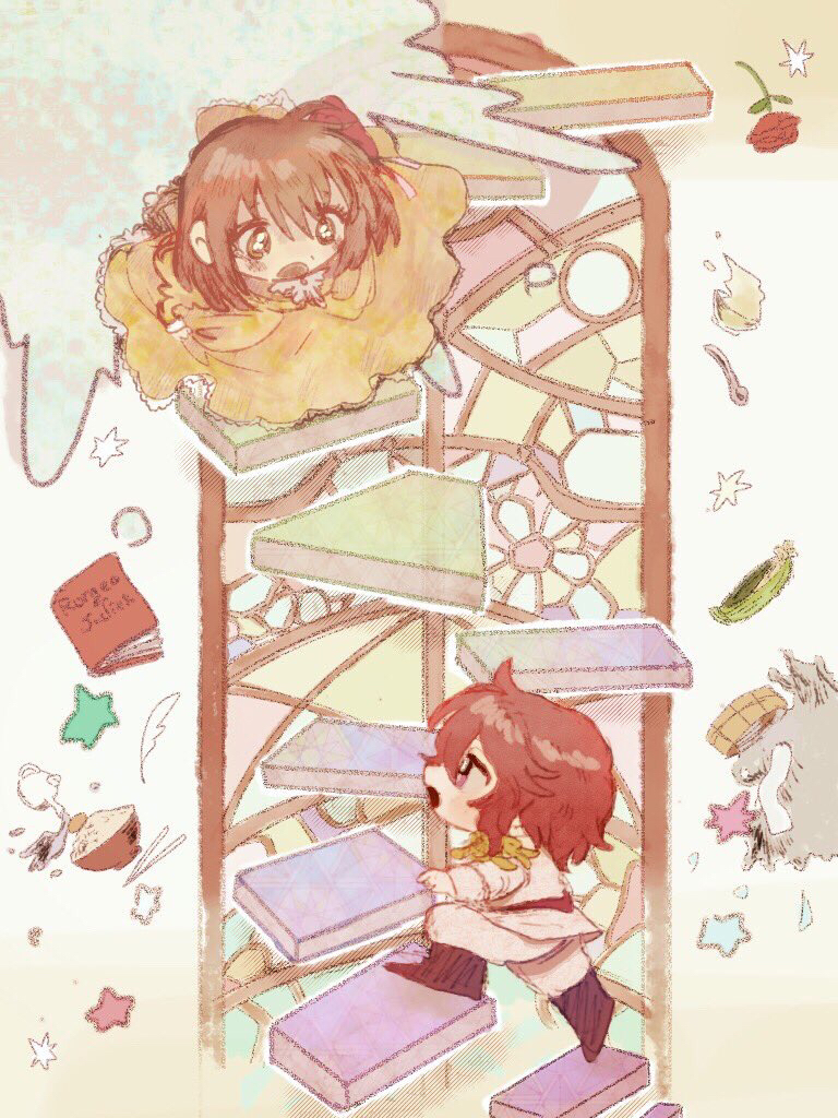 1boy 1girl ayazuki_mei belt black_footwear blush_stickers boots bow brooch brown_hair chibi commentary_request daisy_(flower) dress epaulettes eyelashes flower flower_brooch full_body hair_bow inkwell jacket jewelry knee_boots lace lace-trimmed_bow lace-trimmed_dress lace_trim layered_sleeves light_blush long_dress long_sleeves looking_at_another medium_hair meiji_tokyo_renka mori_ougai_(meiji_tokyo_renka) open_mouth pants quill red_belt red_bow red_flower red_hair red_jacket red_rose rose short_hair single_epaulette spilling stained_glass stairs star_(symbol) sugi_haeru tea teapot walking white_background white_flower white_pants white_sleeves yellow_dress yellow_sleeves