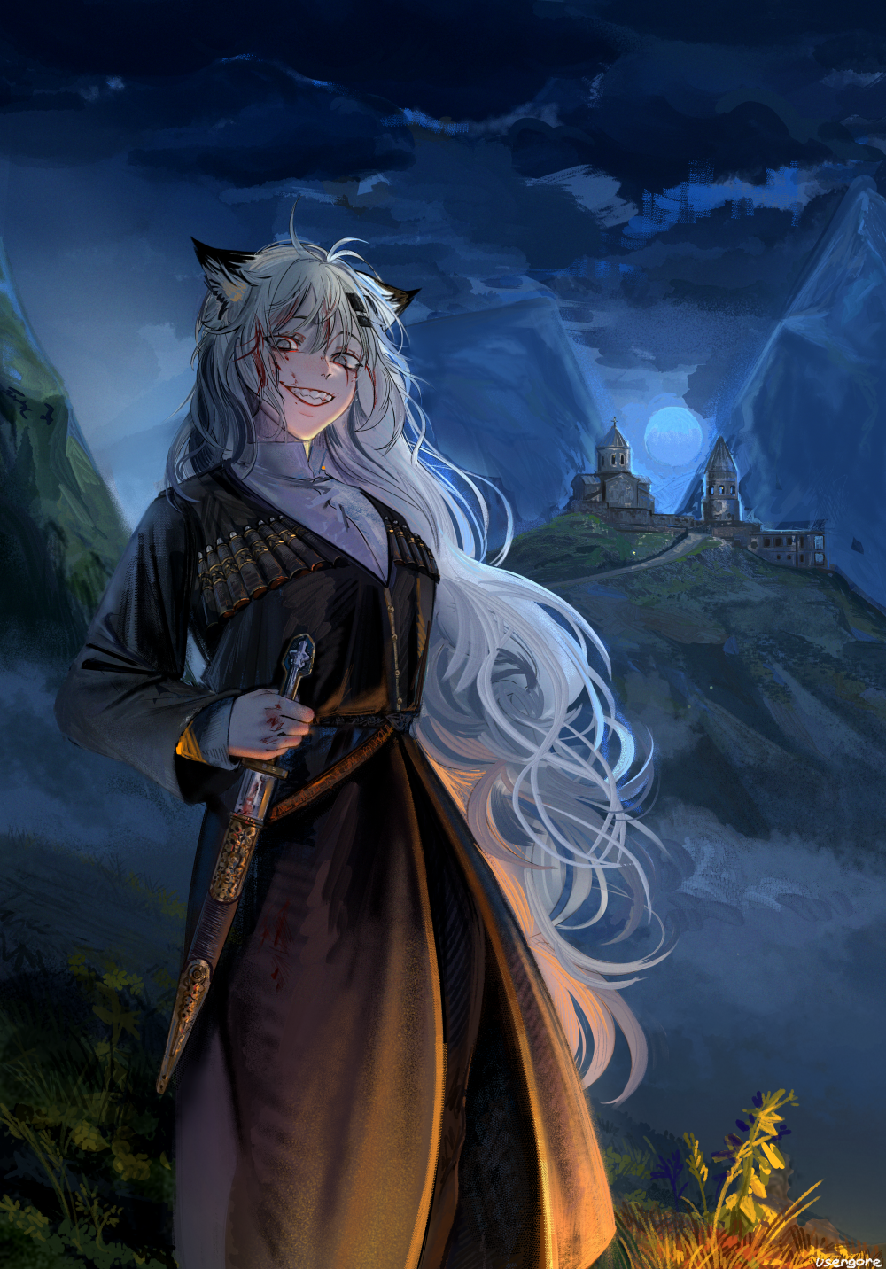1girl animal_ears arknights blood blood_on_face blood_on_hands chokha church cloud cloudy_sky doyagao full_moon georgia_(country) georgian_clothes grey_hair highres holding holding_weapon lappland_(arknights) long_hair looking_at_viewer moon mountain night original scabbard scar scar_across_eye scar_on_face sheath sky smile smug solo sword teeth traditional_georgian_clothes usergore weapon white_hair wolf_ears wolf_girl