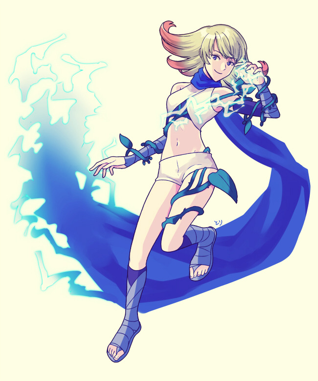 1girl blonde_hair blue_scarf electricity full_body kid_icarus kid_icarus_uprising midriff multicolored_hair navel nintendo orange_hair phosphora plant purple_eyes scarf shorts solo tori_(11toritori) two-tone_hair vines white_shorts