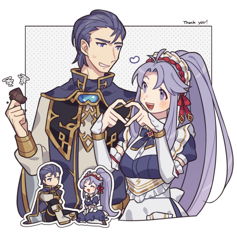 1boy 1girl apron cape chibi chibi_inset dress fire_emblem fire_emblem:_genealogy_of_the_holy_war fire_emblem_heroes haconeri heart heart_hands lex_(fire_emblem) long_hair looking_at_another maid_headdress nintendo official_alternate_costume ponytail puffy_short_sleeves puffy_sleeves purple_eyes purple_hair short_hair short_sleeves sweatdrop tailtiu_(fire_emblem) tailtiu_(tea_party)_(fire_emblem) very_long_hair