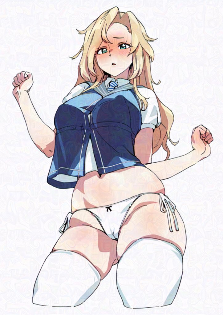 1girl asava_(hutaitenn) blonde_hair blue_eyes blush cosplay hornet_(kancolle) kantai_collection long_hair midriff panties shirt simple_background solo thick_thighs thighhighs thighs ukuru_(kancolle) ukuru_(kancolle)_(cosplay) underwear white_background white_panties white_shirt white_thighhighs