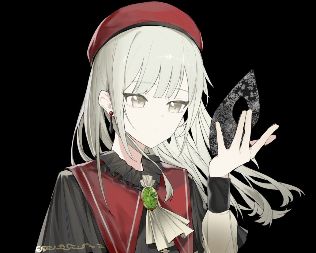 1girl anli_(jwcpp4sum0mgk5r) ascot bang_dream! bang_dream!_it&#039;s_mygo!!!!! beret black_background black_mask capelet chinese_commentary closed_mouth commentary_request earrings green_brooch green_hair hand_up hat holding holding_mask jewelry long_hair long_sleeves mask mortis_(bang_dream!) mortis_(costume)_(bang_dream!) red_capelet red_hat see-through_clothes see-through_sleeves sidelocks simple_background solo upper_body wakaba_mutsumi white_ascot yellow_eyes