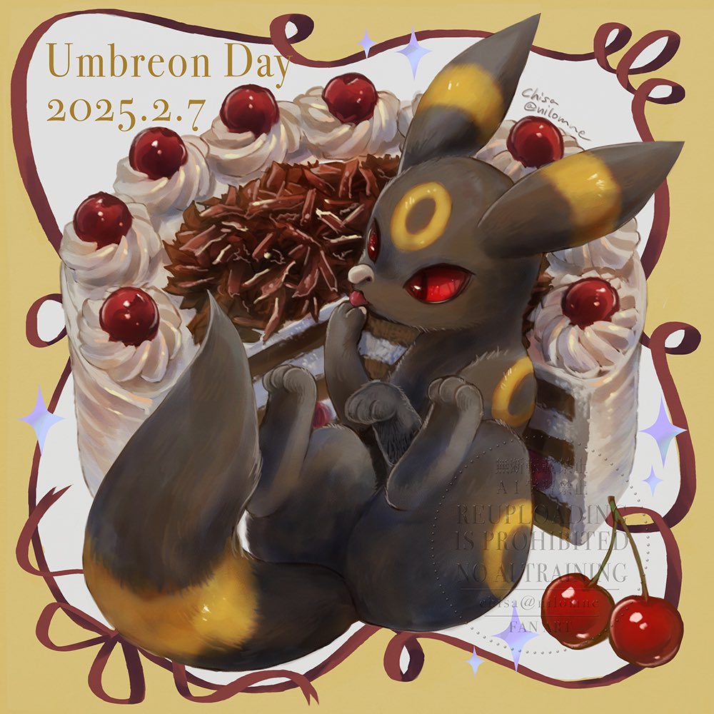 cake cherry colored_sclera commentary_request dated food fruit gen_2_pokemon lying momomo12 nintendo no_humans pokemon pokemon_(creature) red_eyes red_sclera solo tail tongue tongue_out umbreon