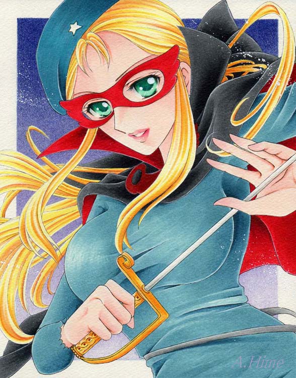 1970s_(style) 1girl beret blonde_hair breasts cape copic female_focus green_eyes hat la_seine_no_hoshi lipstick makeup mask oldschool rapier retro_artstyle simone_(la_seine_no_hoshi) solo studiomanyo sunrise_(company) sword traditional_media weapon