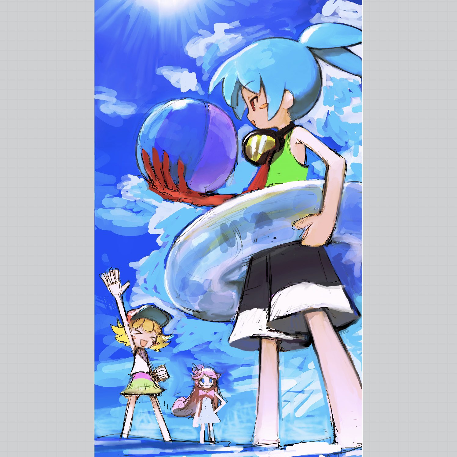 >_< 1boy 2girls 2kumi_3 amitie_(puyopuyo) ball beachball blonde_hair blue_eyes bow cloud green_tank_top hair_ornament highres innertube male_swimwear multiple_girls open_mouth partially_submerged pink_hair puyopuyo puyopuyo_fever puyopuyo_fever_2 raffina_(puyopuyo) red_eyes scuba_gear sig_(puyopuyo) sky swim_ring swim_trunks tank_top