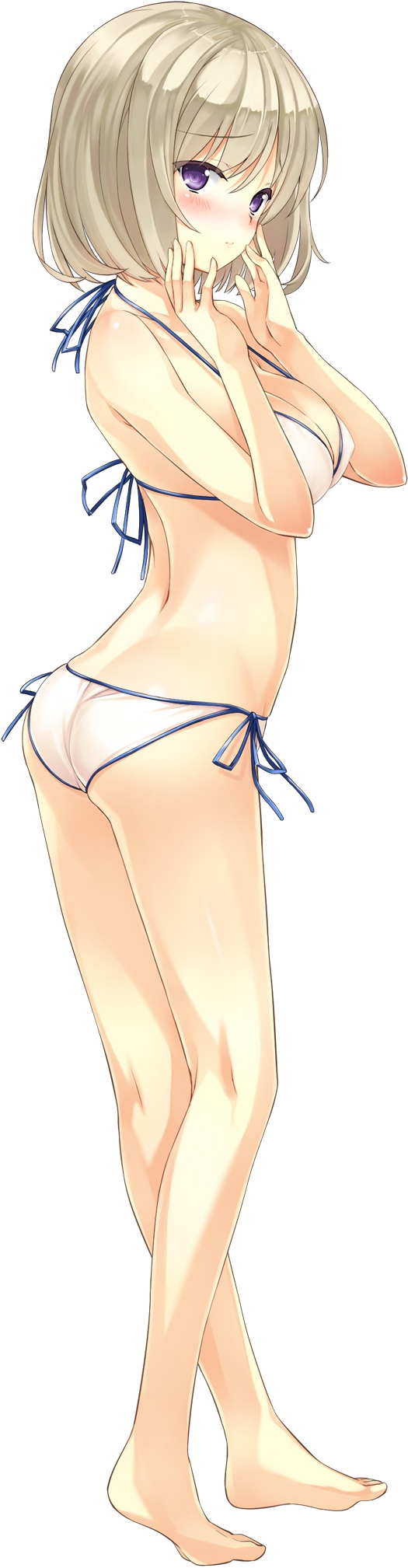 1girl ashishun ass back barefoot bikini blonde_hair blush breasts cleavage embarrassed female_focus from_side full_body hair_between_eyes halterneck highres kanna_kana kneepits large_breasts legs_together non-web_source official_art primal_hearts purple_eyes raised_eyebrows short_hair side-tie_bikini_bottom simple_background solo string_bikini swimsuit white_background white_bikini