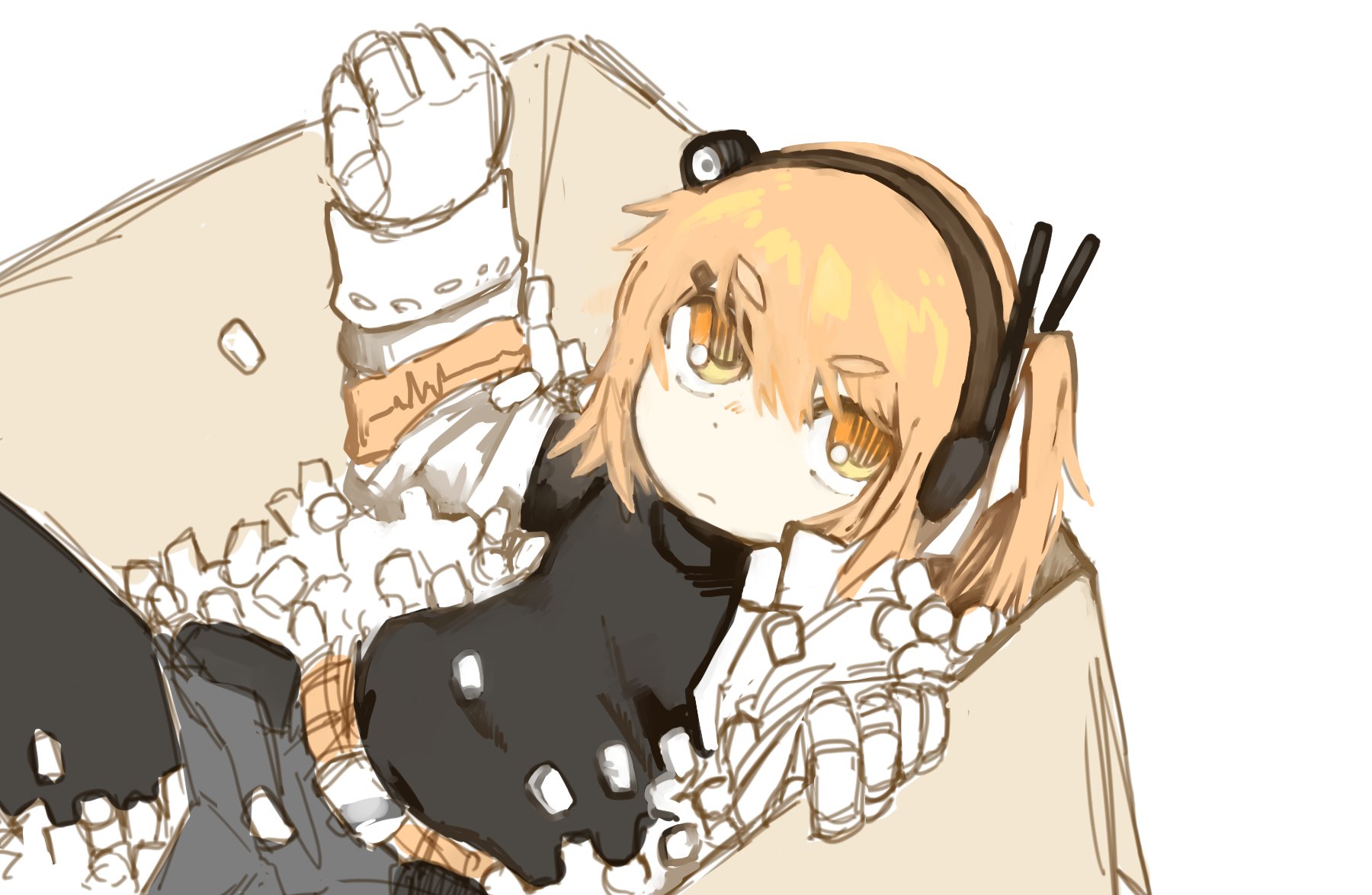 1girl a.i._voice adachi_rei arm_support belt black_leggings black_shirt box cardboard_box dot_nose from_above gloves grey_skirt hair_ornament hair_ribbon hairclip hands_up headlamp headset highres in_box in_container knee_up leggings light_frown long_sleeves looking_at_viewer looking_up lying on_back one_side_up orange_eyes orange_hair packing_peanuts radio_antenna ribbon serious shirt sketch skirt solo subaru_namisaki thick_eyebrows turtleneck utau utility_belt v-shaped_eyebrows white_background white_gloves white_ribbon