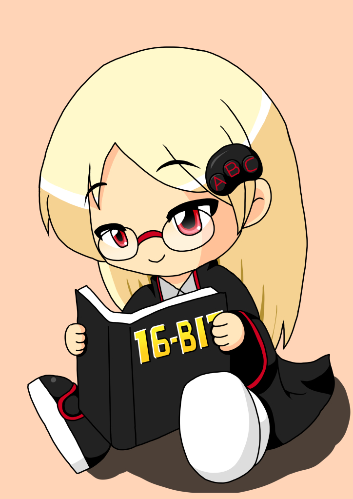 book chibi galaxy_bang_bang_boy game_console holding holding_book red_eyes sega_hard_girls sega_mega_drive sega_mega_drive_(sega_hard_girls) sitting smile solo