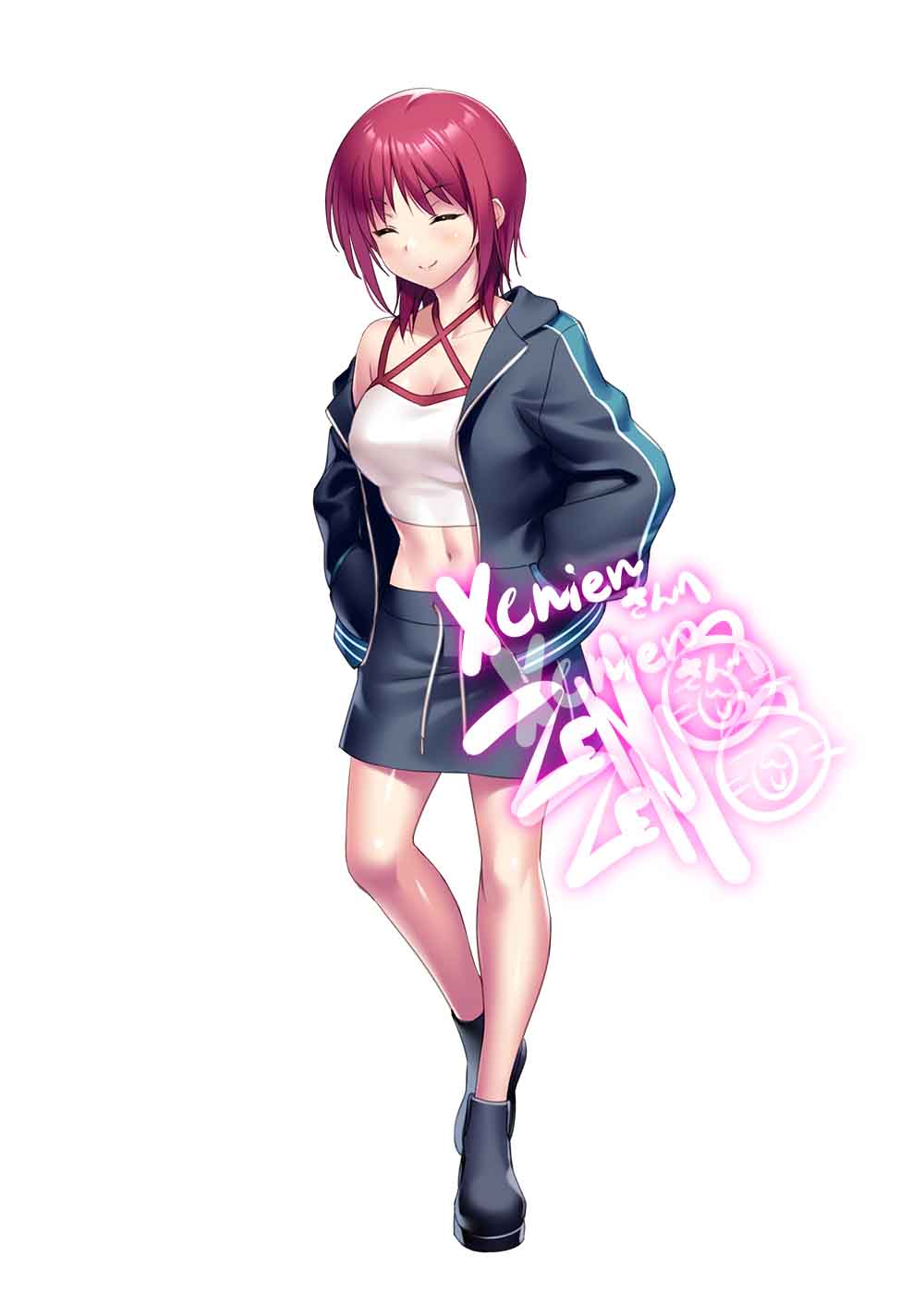 1girl ^_^ alternate_costume angel_beats! black_footwear black_jacket black_skirt blush breasts casual cleavage closed_eyes closed_mouth commentary commission criss-cross_halter cropped_shirt curvy english_commentary full_body halterneck hands_in_pockets highres iwasawa_masami jacket large_breasts medium_hair miniskirt navel off_shoulder open_clothes open_jacket paid_reward_available pencil_skirt red_hair second-party_source shiny_skin shirt simple_background skeb_commission skirt smile solo sprite standing stomach white_background white_shirt zen_(kamuro)