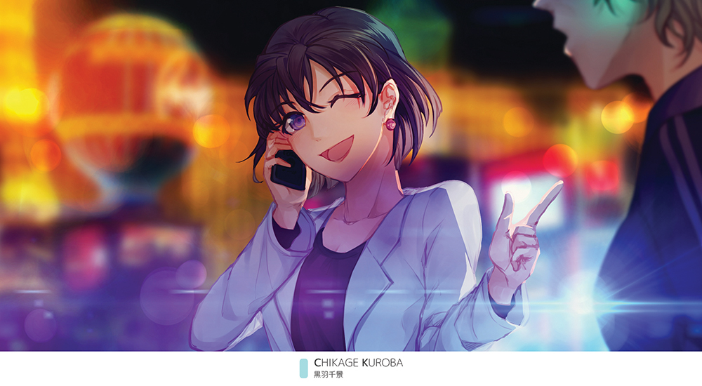 2girls ;d black_shirt blurry blurry_background blurry_foreground breasts brown_hair character_name cleavage collarbone earrings hair_between_eyes head_tilt holding holding_phone index_finger_raised jewelry kuroba_chikage lab_coat lens_flare long_sleeves magic_kaito medium_breasts monicanc multiple_girls one_eye_closed open_mouth phone purple_eyes shirt short_hair smile solo_focus