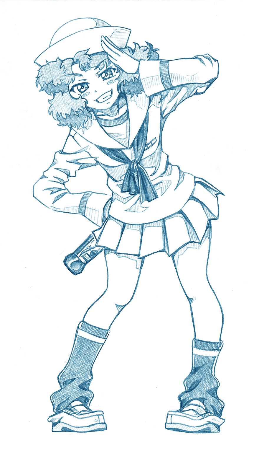 1girl bbb_(friskuser) beer_bottle blouse blue_theme blush_stickers bottle commentary_request curly_hair dixie_cup_hat full_body girls_und_panzer grin hand_on_own_hip hat highres holding holding_bottle leaning_to_the_side loafers long_sleeves looking_at_viewer loose_socks military_hat miniskirt monochrome neckerchief ooarai_naval_school_uniform partial_commentary pleated_skirt rum_(girls_und_panzer) sailor sailor_collar salute school_uniform serafuku shirt shoes short_hair skirt smile socks solo standing