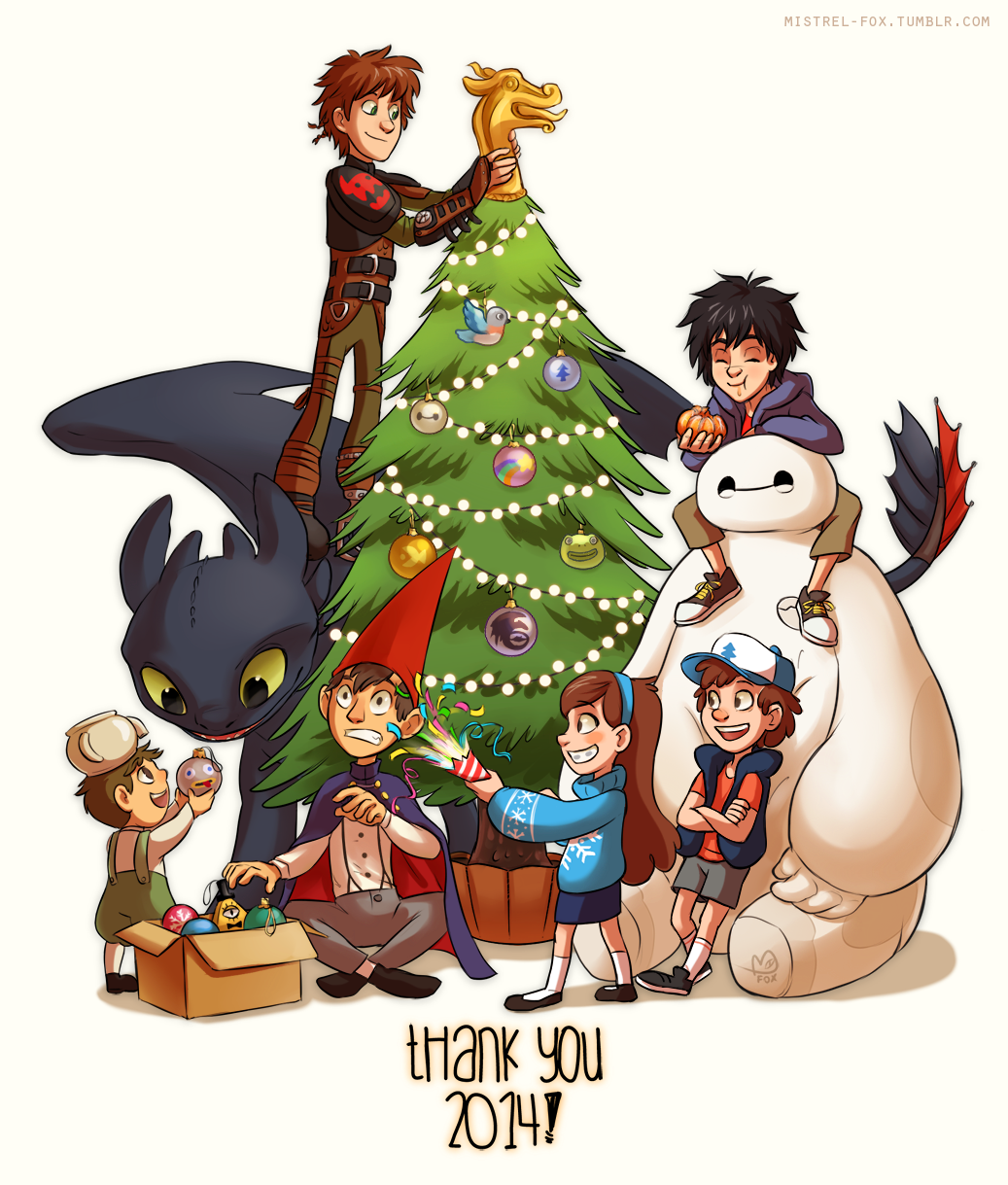 1girl 2014 6+boys armor baymax beatrice_(over_the_garden_wall) big_hero_6 bill_cipher black_hair black_vest blue_hairband blue_sweater braces brothers brown_hair child christmas_lights christmas_ornaments christmas_sweater christmas_tree commentary confetti converse crossed_arms crossover dipper_pines dragon dragon_wings eating english_commentary gravity_falls green_eyes gregory_(over_the_garden_wall) hairband hiccup_horrendous_haddock_iii highres hiro_hamada how_to_train_your_dragon_(series) leather_armor long_hair long_sleeves mabel_pines mistrel-fox multiple_boys open_clothes open_vest over_the_garden_wall pants prosthesis prosthetic_leg shirt short_hair shorts siblings simple_background smile snowflake_print socks step-siblings surprised suspenders sweater toothless vest western_dragon white_background white_socks wings wirt_(over_the_garden_wall)