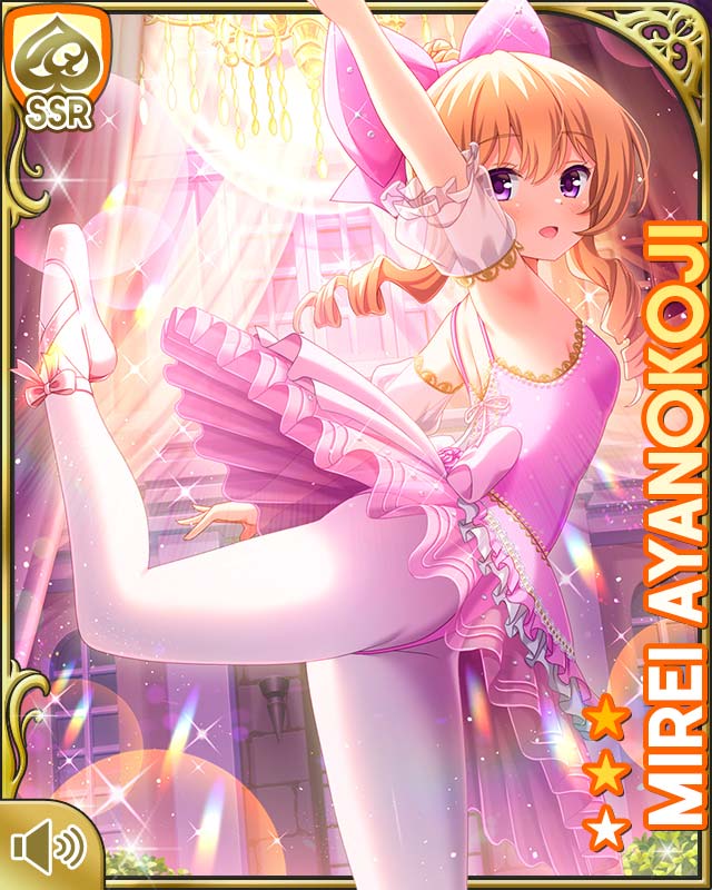 1girl :d ayanokoji_mirei ballet blonde_hair bow card character_name curly_hair dancing day drill_hair girlfriend_(kari) hair_ornament indoors leggings leotard long_hair looking_at_viewer official_art open_mouth ouju pink_bow pink_leotard pink_skirt purple_eyes qp:flapper ringlets shirt shoes skirt smile solo standing standing_on_one_leg sunlight tagme very_long_hair white_leggings