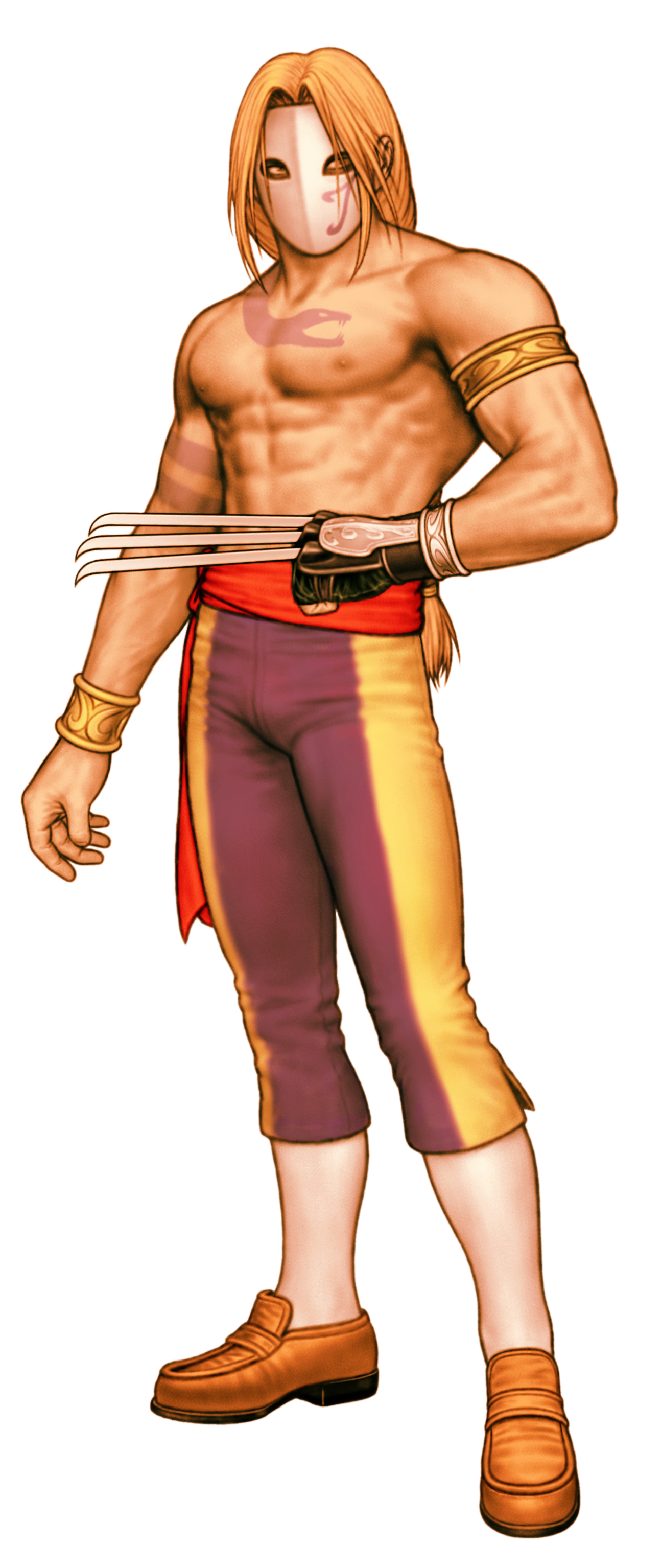 1boy absurdres blonde_hair braid capcom_vs_snk claw_(weapon) game_cg highres long_hair male_focus mask mori_toshiaki multicolored_pants muscular muscular_male non-web_source official_art pants pectorals red_sash sash simple_background snake_tattoo solo street_fighter tattoo vega_(street_fighter) very_long_hair weapon white_background
